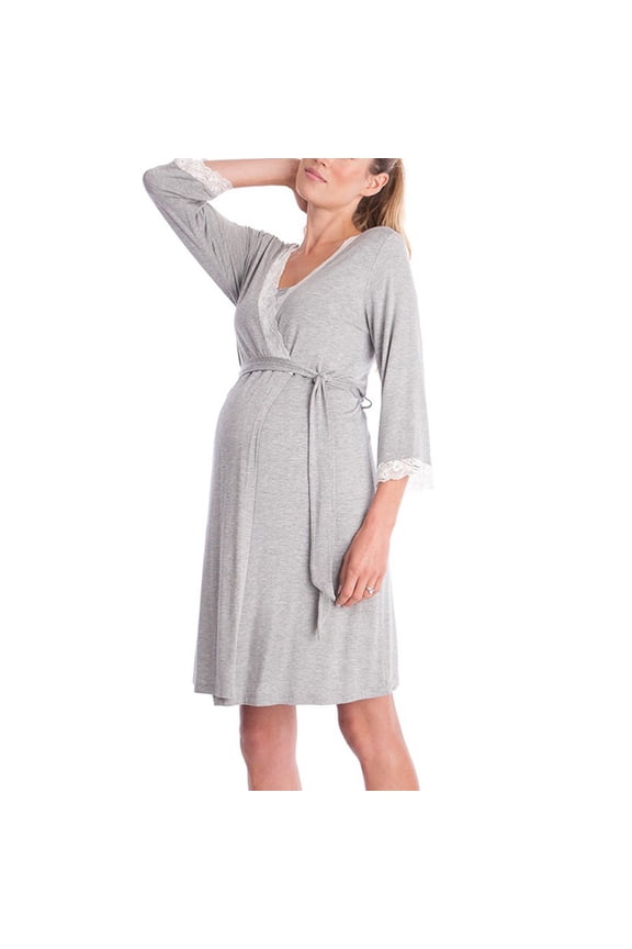 Adjustable Maternity Nursing Robe, Lace Trim 3/4 Sleeve Breathable Hospital Pregnancy Loungewear