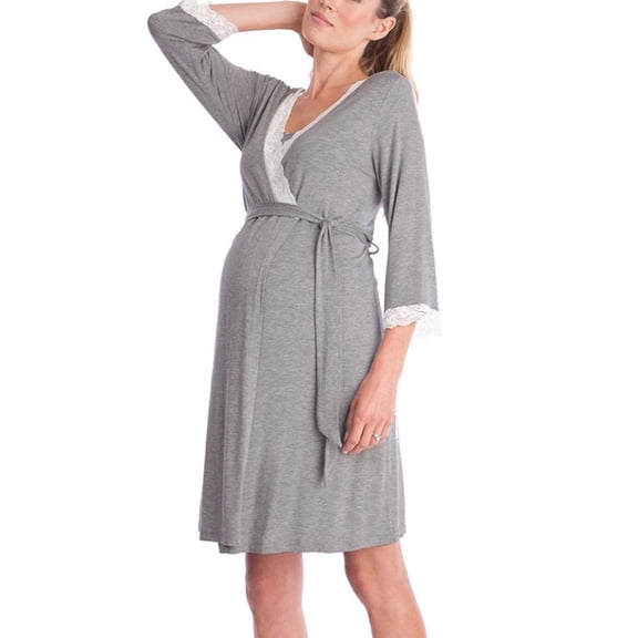 Gleelaud Adjustable Maternity Nursing Robe, Lace Trim 3/4 Sleeve Breathable Hospital Pregnancy Loungewear