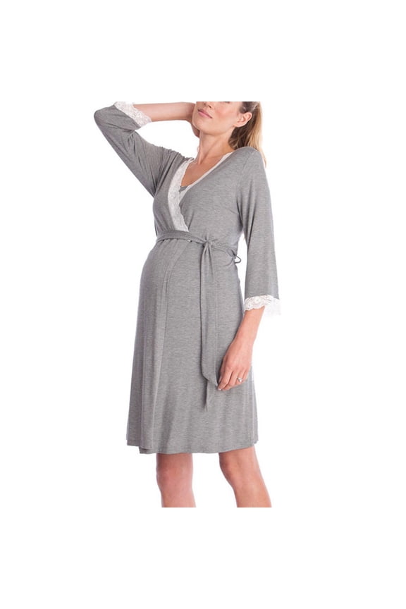 Adjustable Maternity Nursing Robe, Lace Trim 3/4 Sleeve Breathable Hospital Pregnancy Loungewear