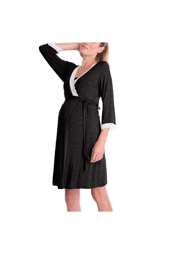 Adjustable Maternity Nursing Robe, Lace Trim 3/4 Sleeve Breathable Hospital Pregnancy Loungewear
