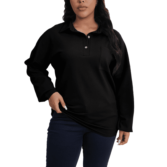 Gleelaud Plus Size Women Waffle Knit Fall Tops Button Down Polo Shirts Long Sleeve V Neck Loose Fit Tunic Black