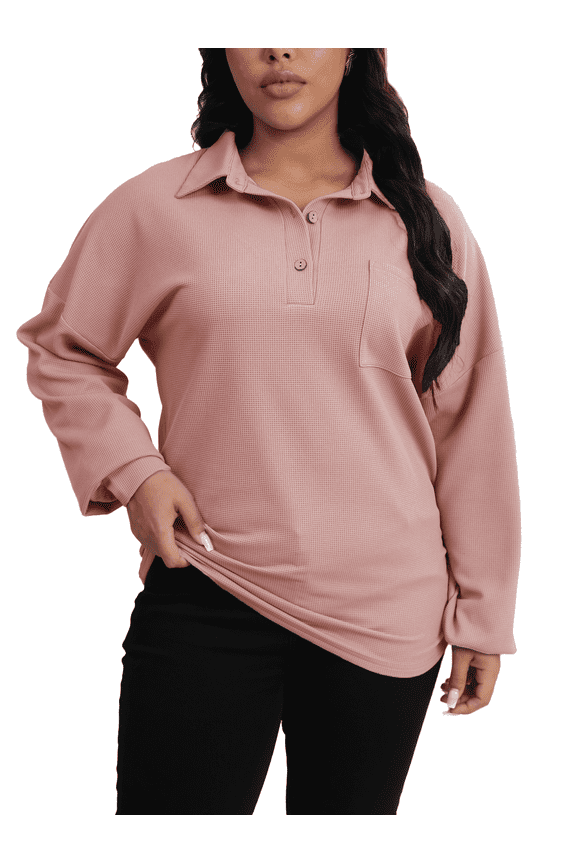 Plus Size Women Waffle Knit Fall Tops Button Down Polo Shirts Long Sleeve V Neck Loose Fit Tunic Pink