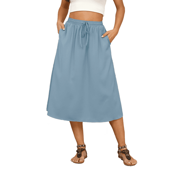 Gleelaud Flowy Skirt Midi Length Elastic High Waist A-Line Skirt with Pockets Boho Skirts for Women Blue Gray