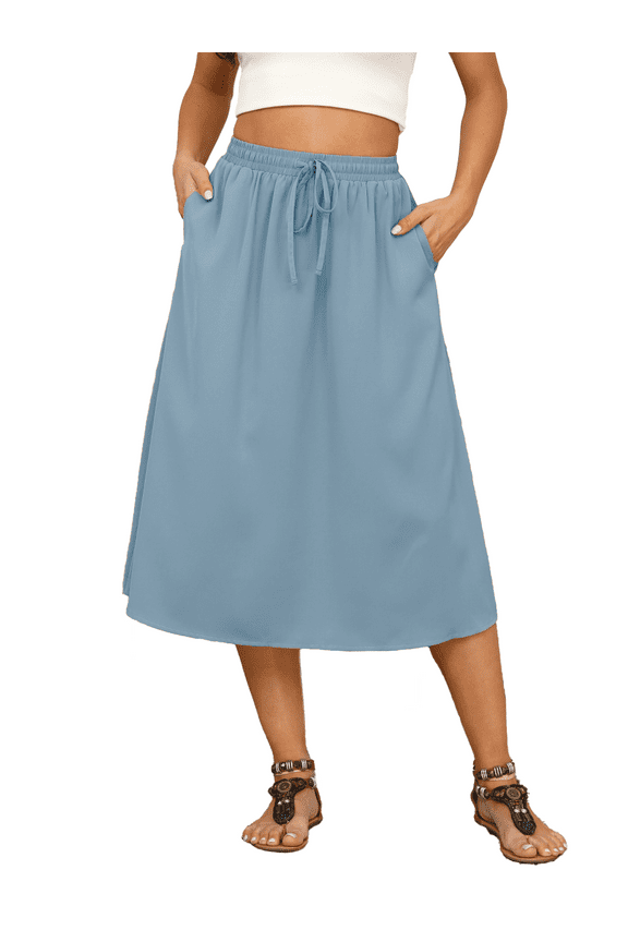 Flowy Skirt Midi Length Elastic High Waist A-Line Skirt with Pockets Boho Skirts for Women Blue Gray