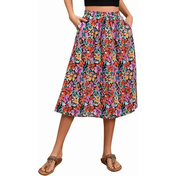 Gleelaud Flowy Skirt Midi Length Elastic High Waist A-Line Skirt with Pockets Boho Skirts for Women Flower Printed