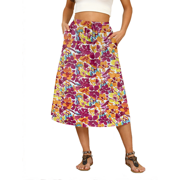Gleelaud Flowy Skirt Midi Length Elastic High Waist A-Line Skirt with Pockets Boho Skirts for Women Flower Printed