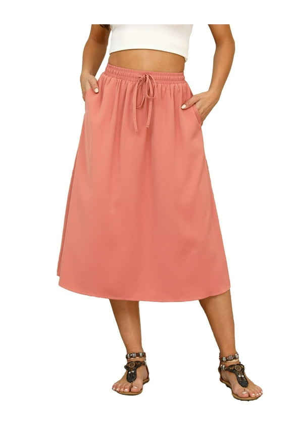 Flowy Skirt Midi Length Elastic High Waist A-Line Skirt with Pockets Boho Skirts for Women Pink