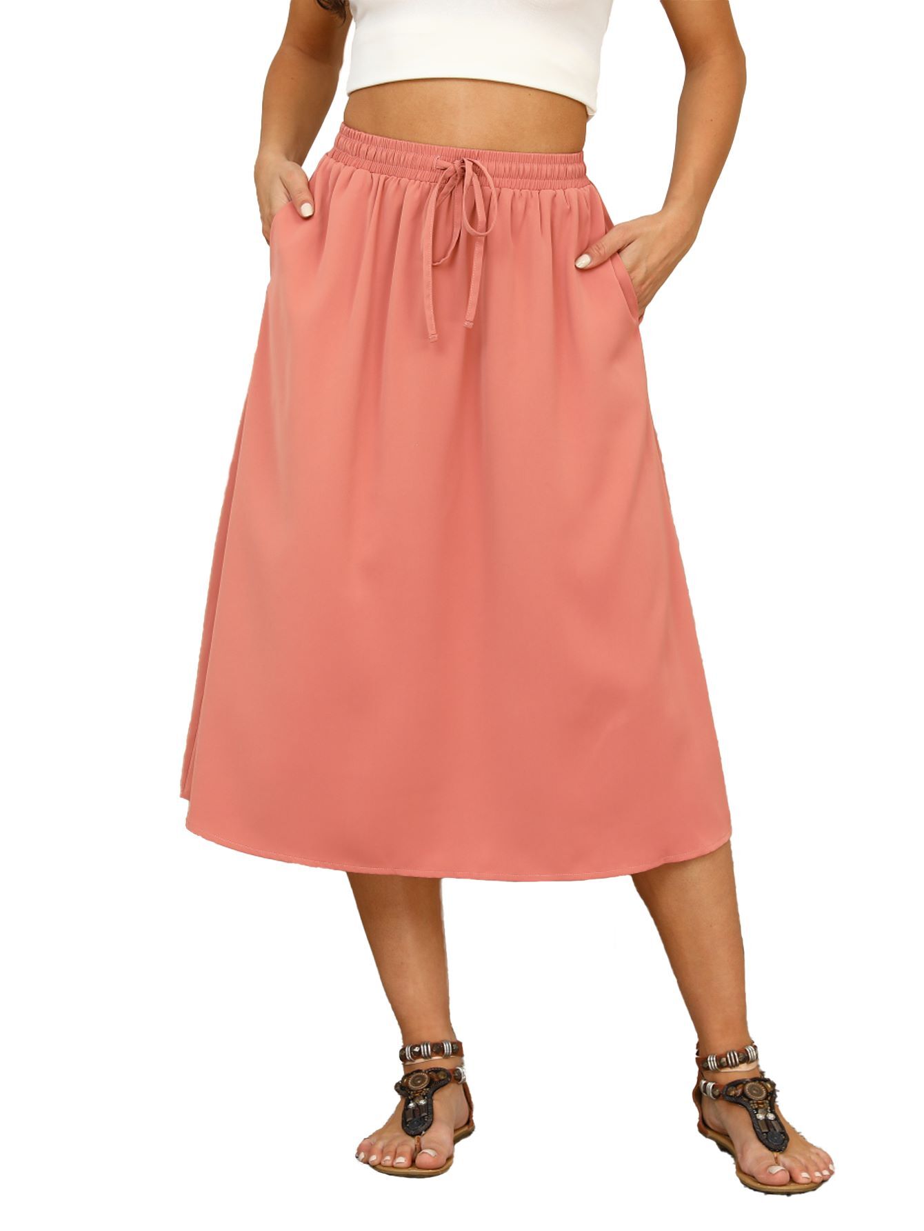 Gleelaud Flowy Skirt Midi Length Elastic High Waist A Line Skirt With 
