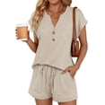 thumbnail image 1 of Gleelaud New Summer Women's 2-Piece Set V-Neck Button Top & Pocketed Drawstring Shorts for Home & Outdoor, 1 of 6