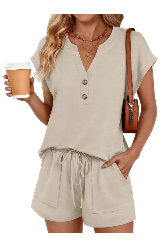 New Summer Women's 2-Piece Set V-Neck Button Top & Pocketed Drawstring Shorts for Home & Outdoor