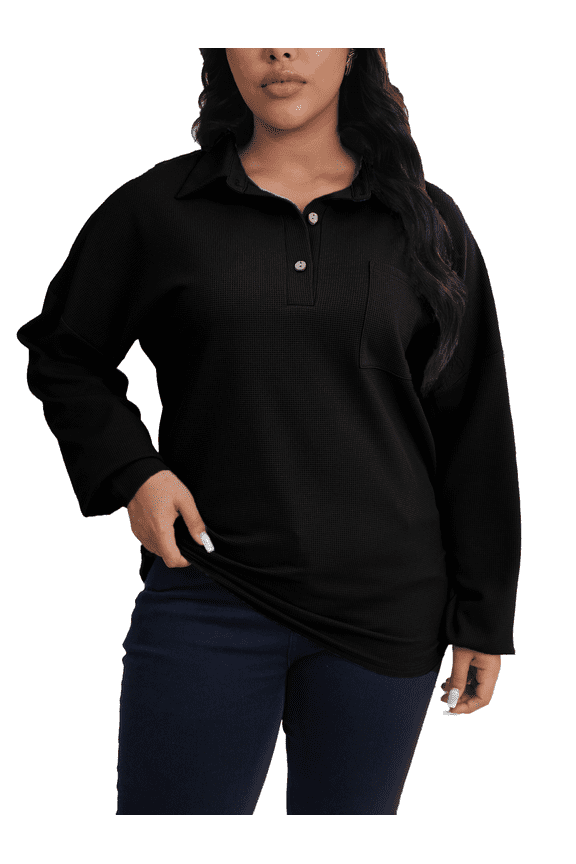 Plus Size Women Waffle Knit Fall Tops Button Down Polo Shirts Long Sleeve V Neck Loose Fit Tunic Black