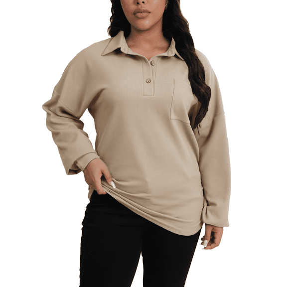 Gleelaud Plus Size Women Waffle Knit Fall Tops Button Down Polo Shirts Long Sleeve V Neck Loose Fit Tunic Khaki