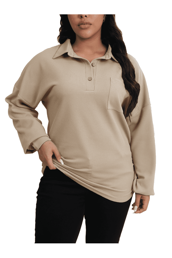 Plus Size Women Waffle Knit Fall Tops Button Down Polo Shirts Long Sleeve V Neck Loose Fit Tunic Khaki