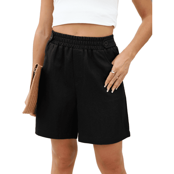 Gleelaud Women's Bermuda Shorts Summer Elastic Waist Casual Lightweight Button Shorts with Pockets Black