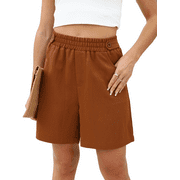 Gleelaud Women's Bermuda Shorts Summer Elastic Waist Casual Lightweight Button Shorts with Pockets Brown
