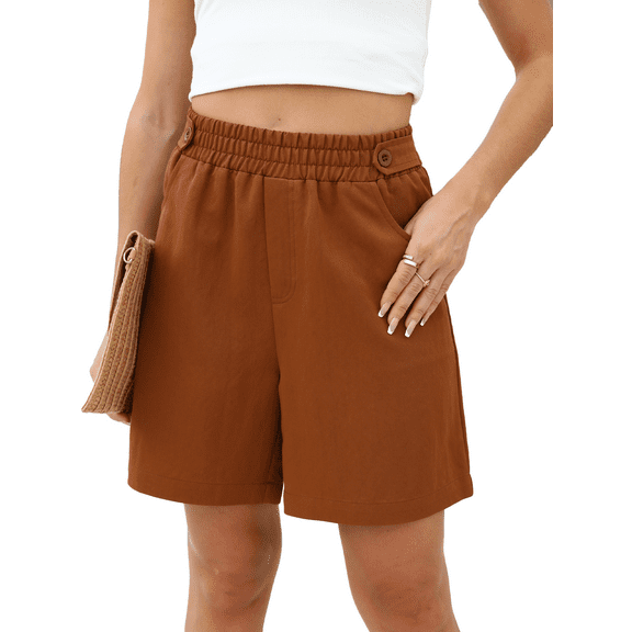 Gleelaud Women's Bermuda Shorts Summer Elastic Waist Casual Lightweight Button Shorts with Pockets Brown