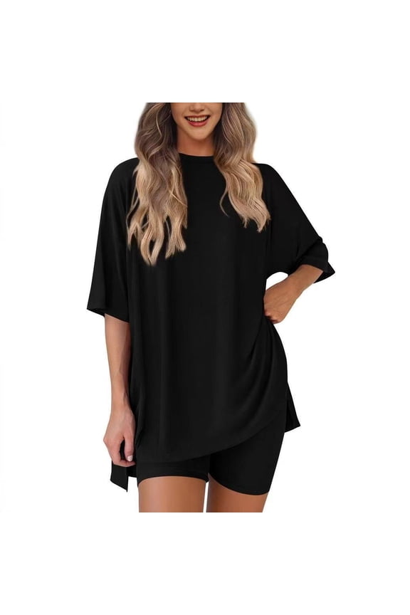 Women's Comfy Plus Size Summer Set: Soft Loose Top & High-Waisted Biker Shorts Outfit | Suitable for Travel & Daily Home Wear