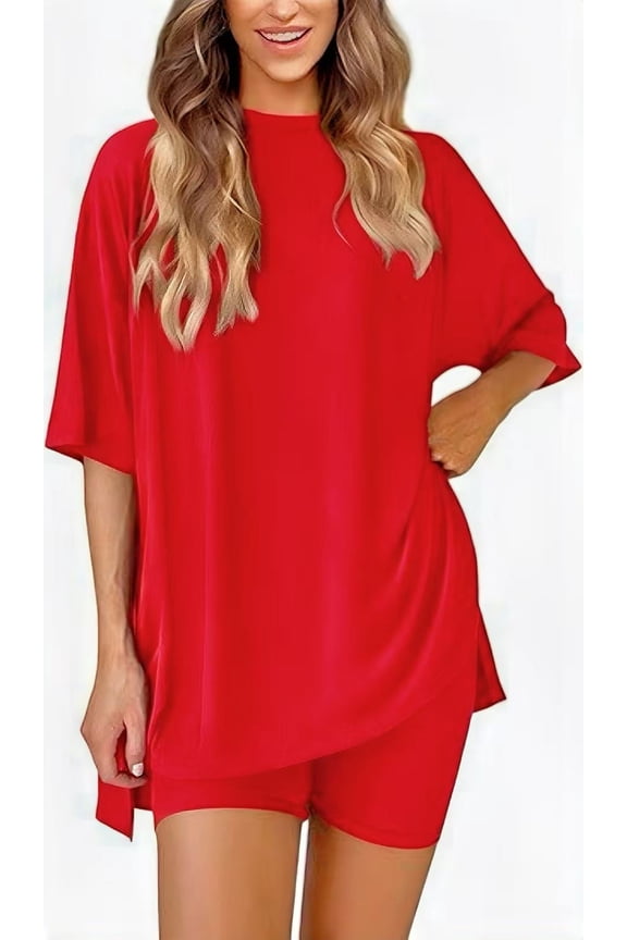 Women's Comfy Plus Size Summer Set: Soft Loose Top & High-Waisted Biker Shorts Outfit | Suitable for Travel & Daily Home Wear