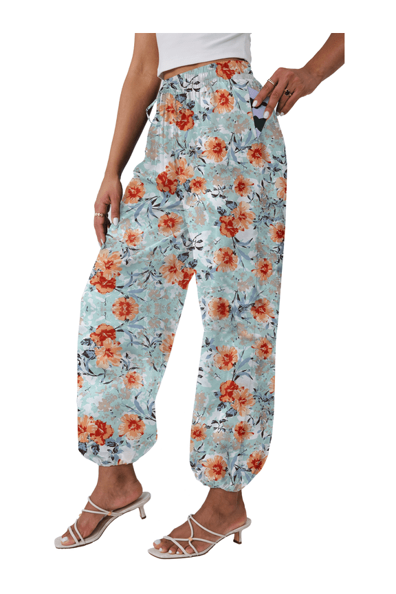 Women's Floral Print Harem Pants Boho High Waist Long Length Joggers Lightweight Pants with Pockets Flower Printed