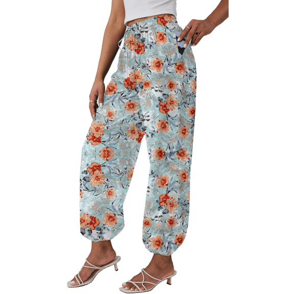 Gleelaud Women's Floral Print Harem Pants Boho High Waist Long Length Joggers Lightweight Pants with Pockets Flower Printed