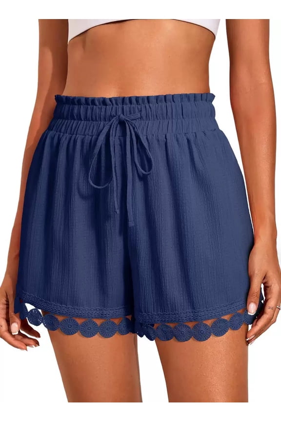 Women's Summer Casual Shorts Lace Trim Elastic High Waist Drawstring Loose Beach Shorts