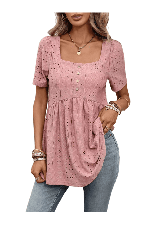 Women's Summer New Arrival Boho Lace Embroidery Square Neck Short Sleeve Blouse - Button Front Casual Top