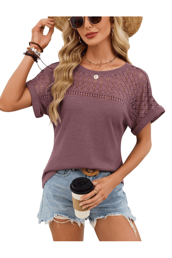 Women's Summer New Waffle Knit Lace Trim Short Sleeve Top - Crew Neck Loose Casual Blouse
