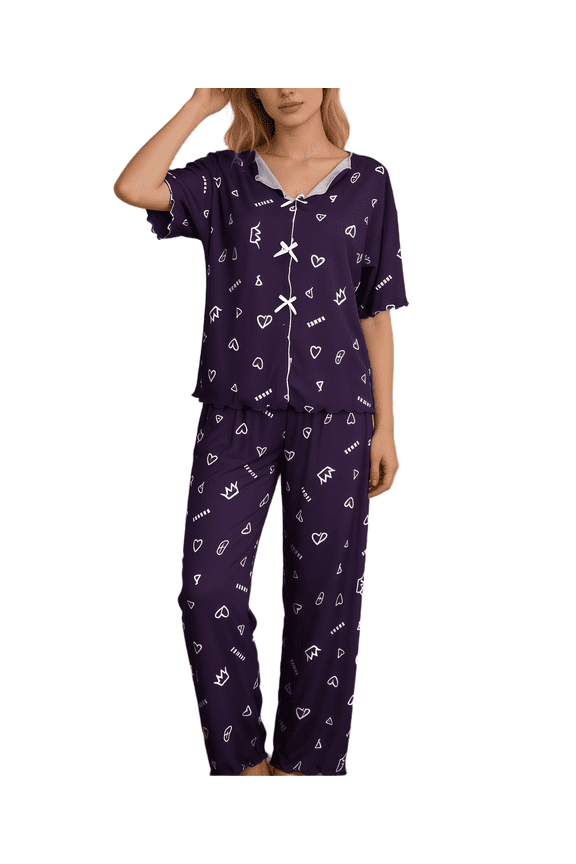 Women's Summer Printed Pajama Set – Soft Short-Sleeve Loungewear, 2-Piece Sleepwear