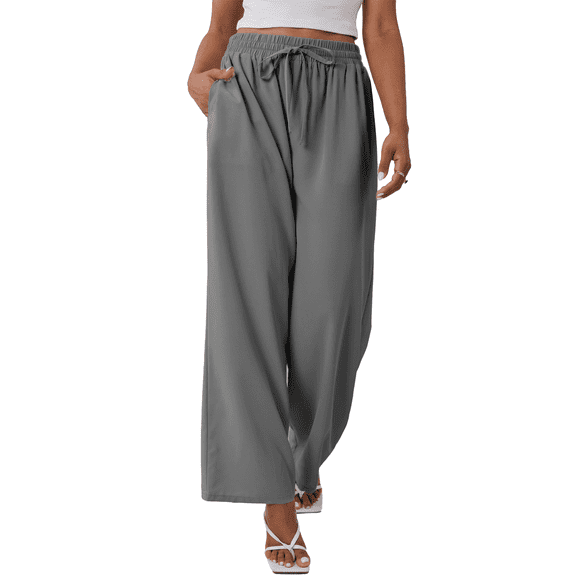 Gleelaud Women's Wide Leg Lounge Pants with Pockets Lightweight High Waisted Drawstring Adjustable Loose Trousers Gray