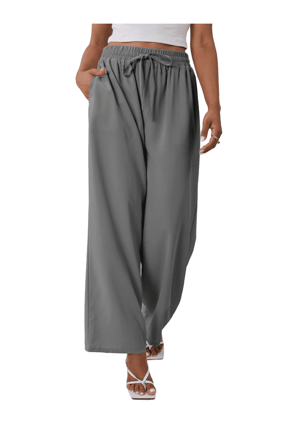 Women's Wide Leg Lounge Pants with Pockets Lightweight High Waisted Drawstring Adjustable Loose Trousers Gray