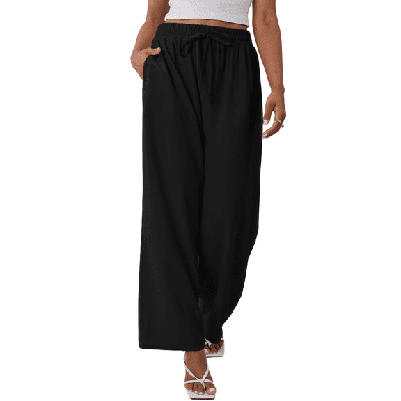 Gleelaud Women's Wide Leg Lounge Pants with Pockets Lightweight High Waisted Drawstring Adjustable Loose Trousers Black