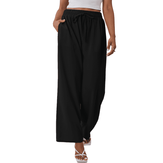 Gleelaud Women's Wide Leg Lounge Pants with Pockets Lightweight High Waisted Drawstring Adjustable Loose Trousers Black
