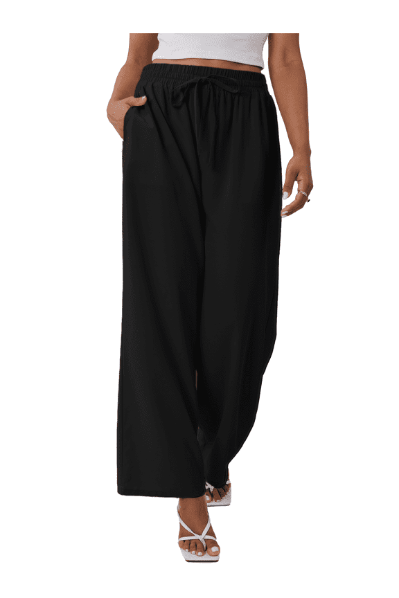 Women's Wide Leg Lounge Pants with Pockets Lightweight High Waisted Drawstring Adjustable Loose Trousers Black