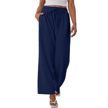 Gleelaud Women's Wide Leg Lounge Pants with Pockets Lightweight High Waisted Drawstring Adjustable Loose Trousers Navy Blue