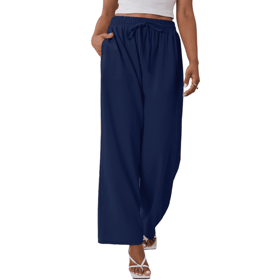 Gleelaud Women's Wide Leg Lounge Pants with Pockets Lightweight High Waisted Drawstring Adjustable Loose Trousers Navy Blue