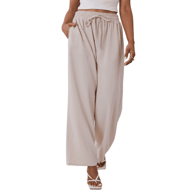 Gleelaud Women's Wide Leg Lounge Pants with Pockets Lightweight High Waisted Drawstring Adjustable Loose Trousers Apricot