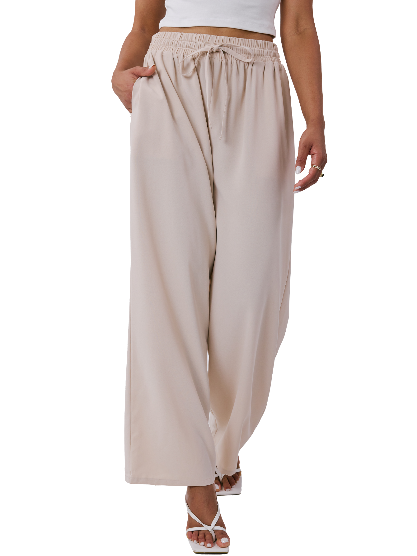 Pantalon Large Femme En Corde – Coupe Droite, Taille Haute élastique, Poches, Style Décontracté