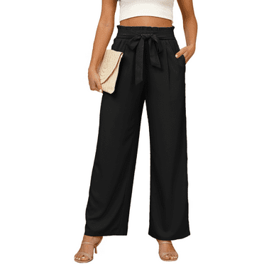 Gleelaud Women's Wide Leg Pants with Pockets Lightweight High Waisted Adjustable Tie Knot Loose Trousers Black