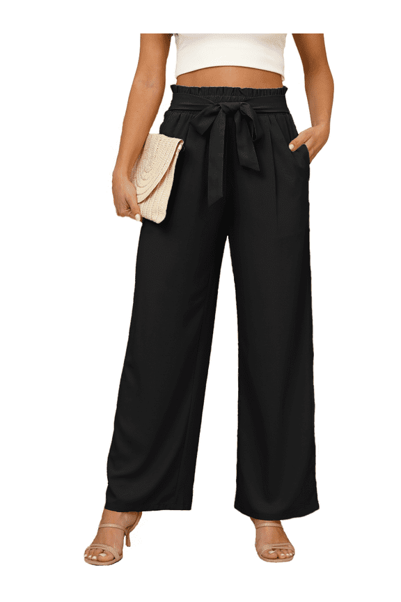 Women's Wide Leg Pants with Pockets Lightweight High Waisted Adjustable Tie Knot Loose Trousers Black