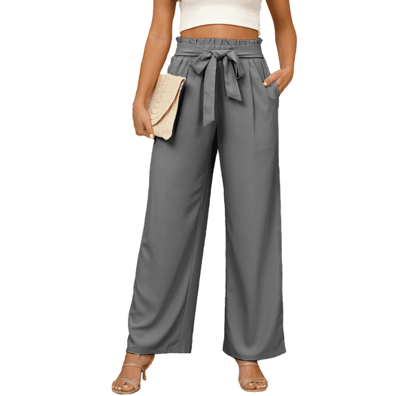 Gleelaud Women's Wide Leg Pants with Pockets Lightweight High Waisted Adjustable Tie Knot Loose Trousers Gray