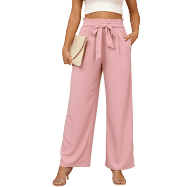 Gleelaud Women's Wide Leg Pants with Pockets Lightweight High Waisted Adjustable Tie Knot Loose Trousers Pink