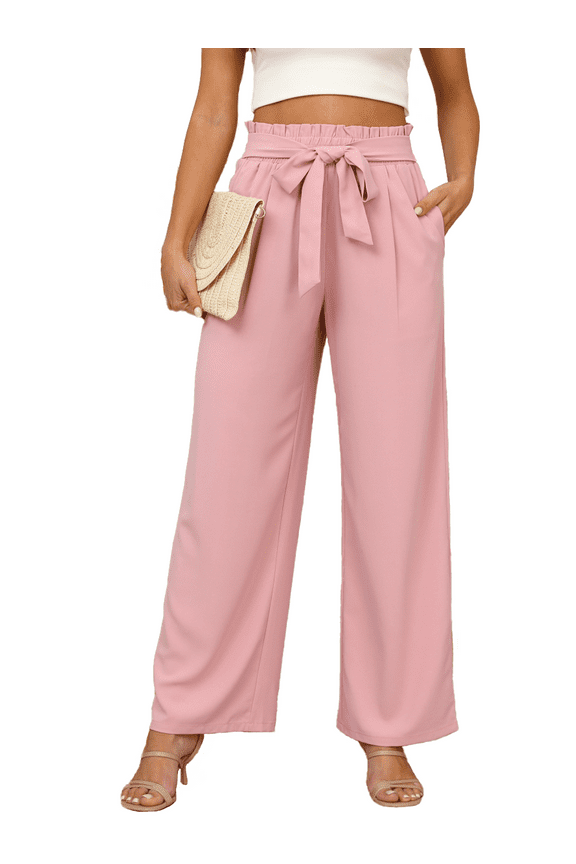 Women's Wide Leg Pants with Pockets Lightweight High Waisted Adjustable Tie Knot Loose Trousers Pink