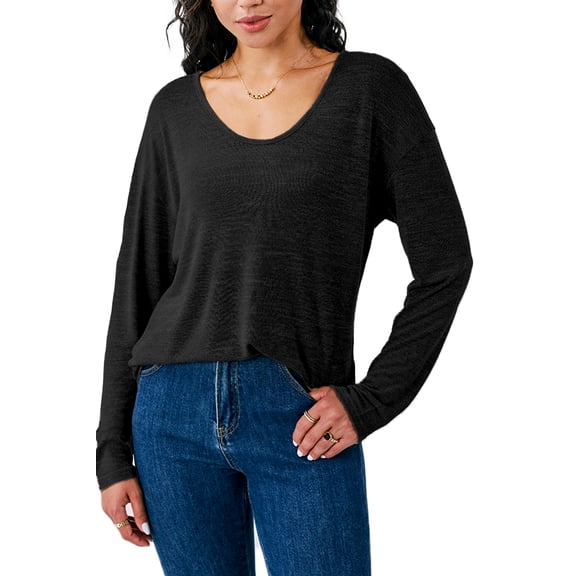 Gleelaud Women's Long Sleeve Tops Casual Deep V Neck Knit Basic T Shirts Blouse Cover up Black