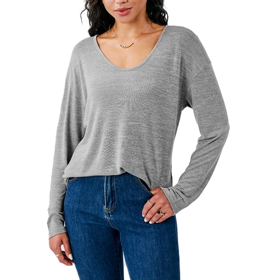 Gleelaud Women's Long Sleeve Tops Casual Deep V Neck Knit Basic T Shirts Blouse Cover up Light Gray