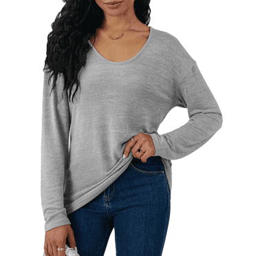 Gleelaud Womens Long Sleeve Tops Casual Deep V Neck Knit Basic T Shirts Blouse Light Gray