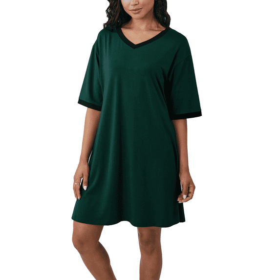 Gleelaud Womens Nightgowns Short Sleeve Color Block Sleepshirt Sleepwear Casual V Neck Sleep Dress Loungewear Nightshirts Dark Green