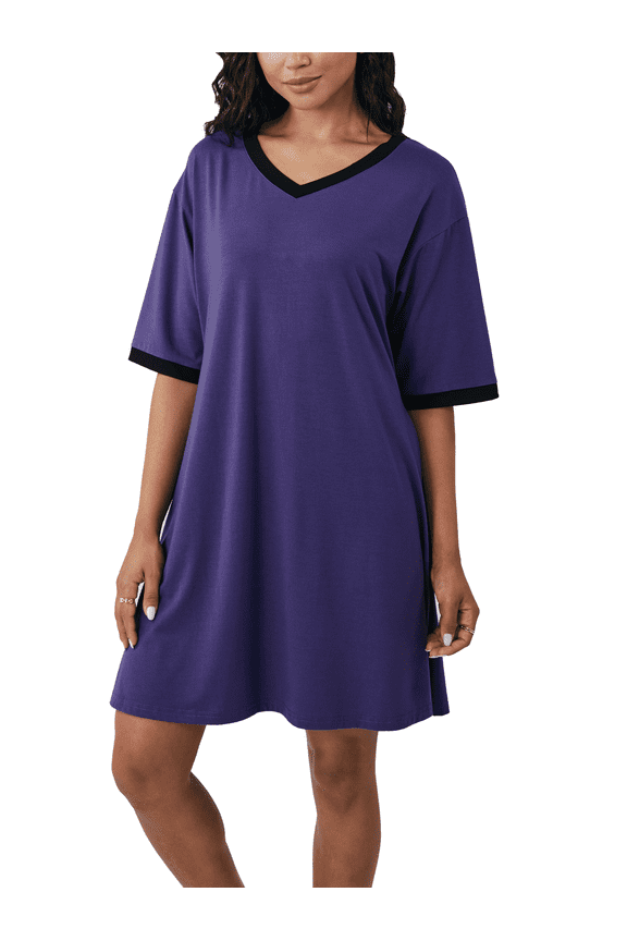Womens Nightgowns Short Sleeve Color Block Sleepshirt Sleepwear Casual V Neck Sleep Dress Loungewear Nightshirts Purple