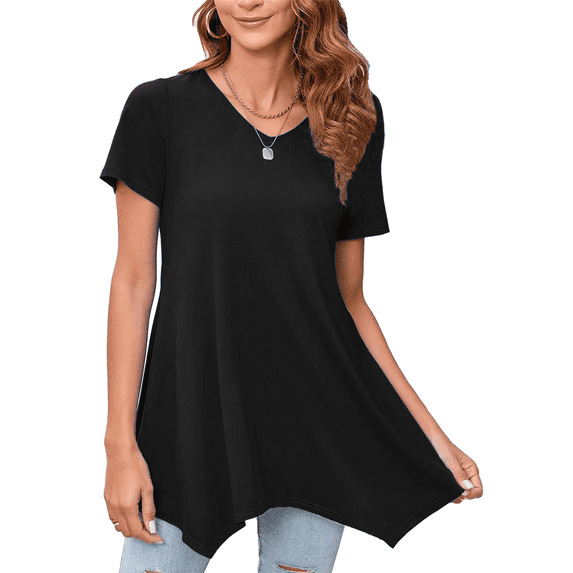 Gleelaud Womens Solid Color Crew Neck Tunic Tops Short Sleeve Casual irregular hem Flowy T Shirts Black