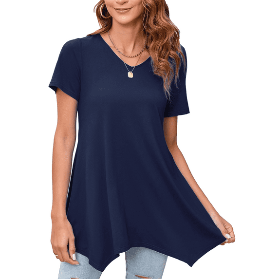 Gleelaud Womens Solid Color Crew Neck Tunic Tops Short Sleeve Casual irregular hem Flowy T Shirts Navy Blue