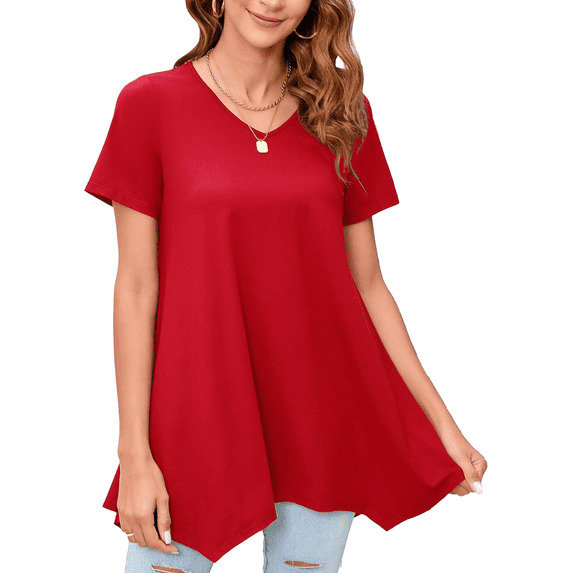 Gleelaud Womens Solid Color Crew Neck Tunic Tops Short Sleeve Casual irregular hem Flowy T Shirts Red